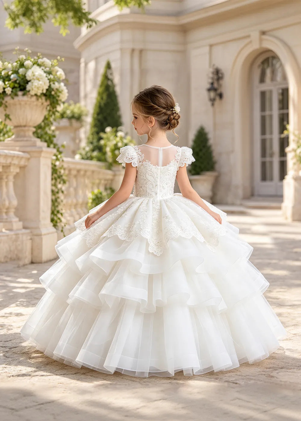 White Flower Girl Ball Gown with Scalloped Lace and Tiered Ruffles