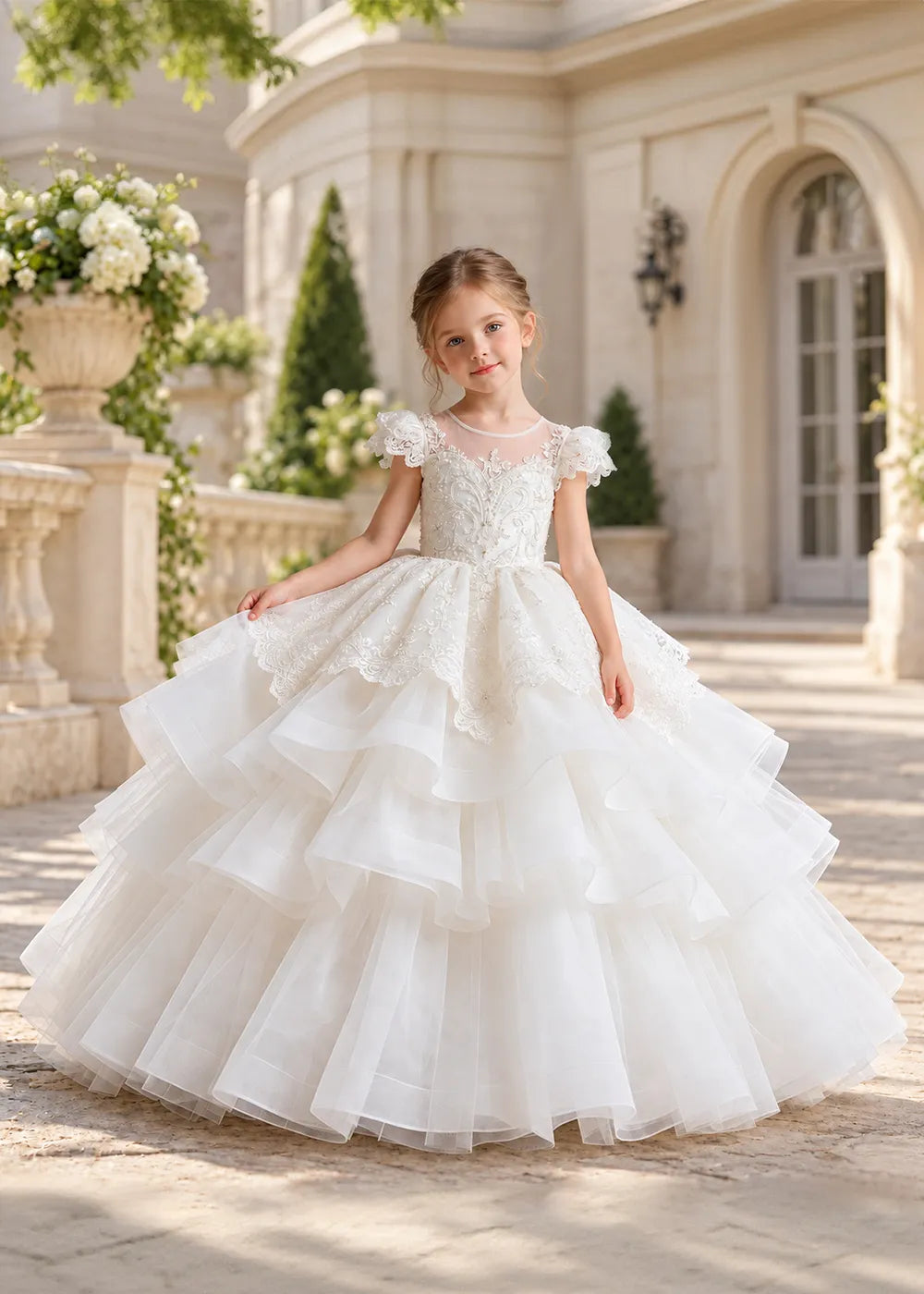 White Flower Girl Ball Gown with Scalloped Lace and Tiered Ruffles