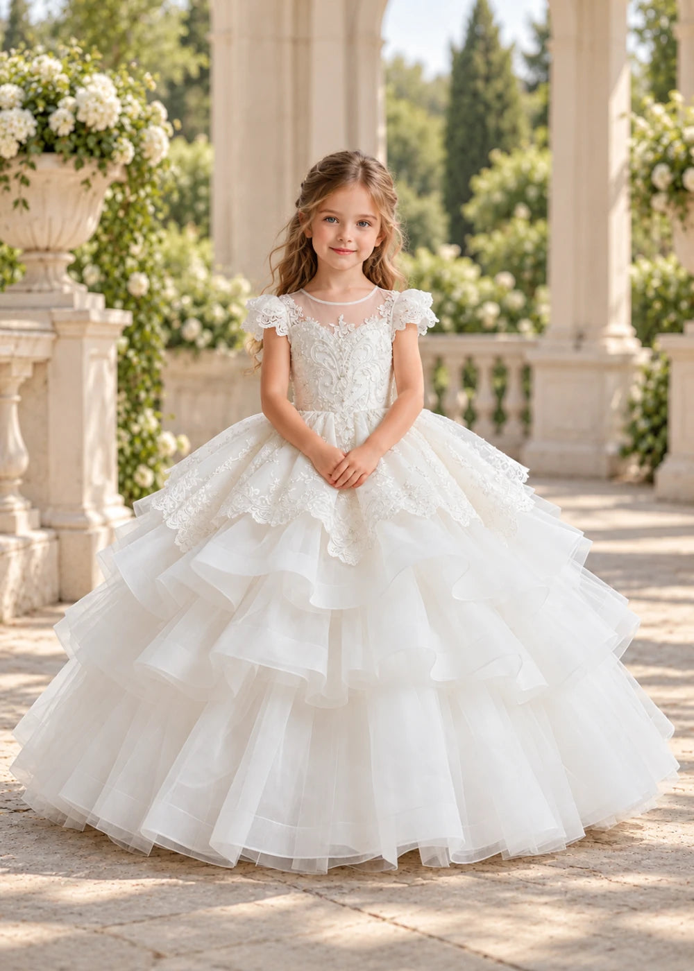 White Flower Girl Ball Gown with Scalloped Lace and Tiered Ruffles