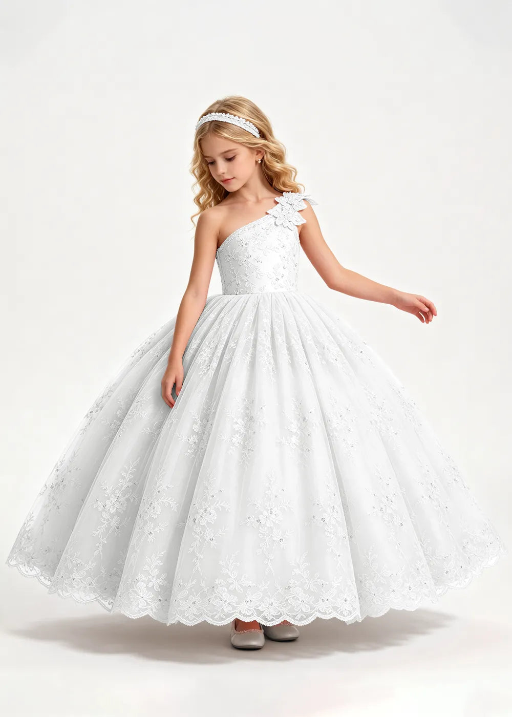 Warm Pale Blush One-Shoulder Flower Girl Gown with Scalloped Lace