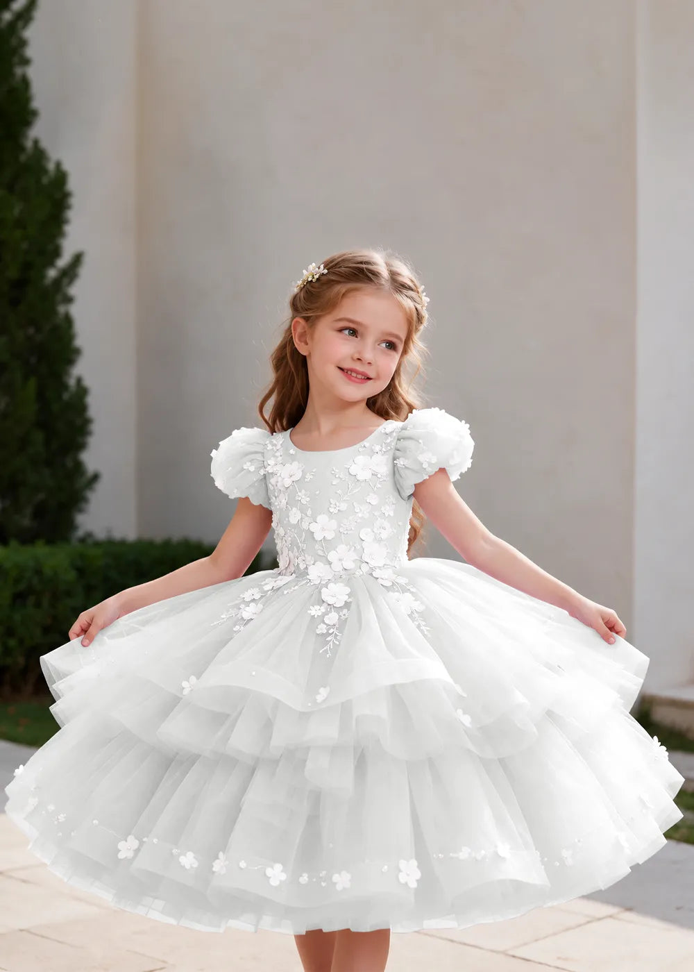Lilac Puff-Sleeve Flower Girl Dress with Three-Tier Skirt