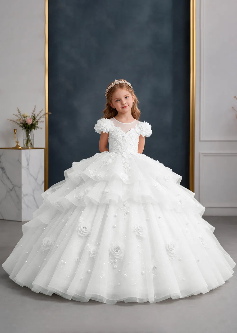 Pink Rose-Applique Flower Girl Ball Gown with Cascading Ruffles