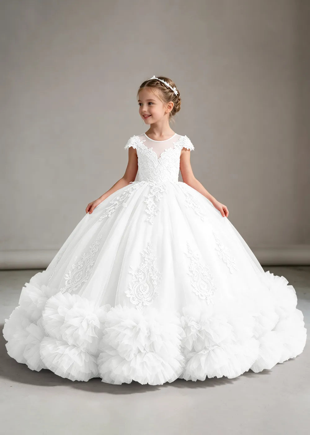 Pink Flower Girl Ball Gown with Floral Bodice and Ruffle Hem