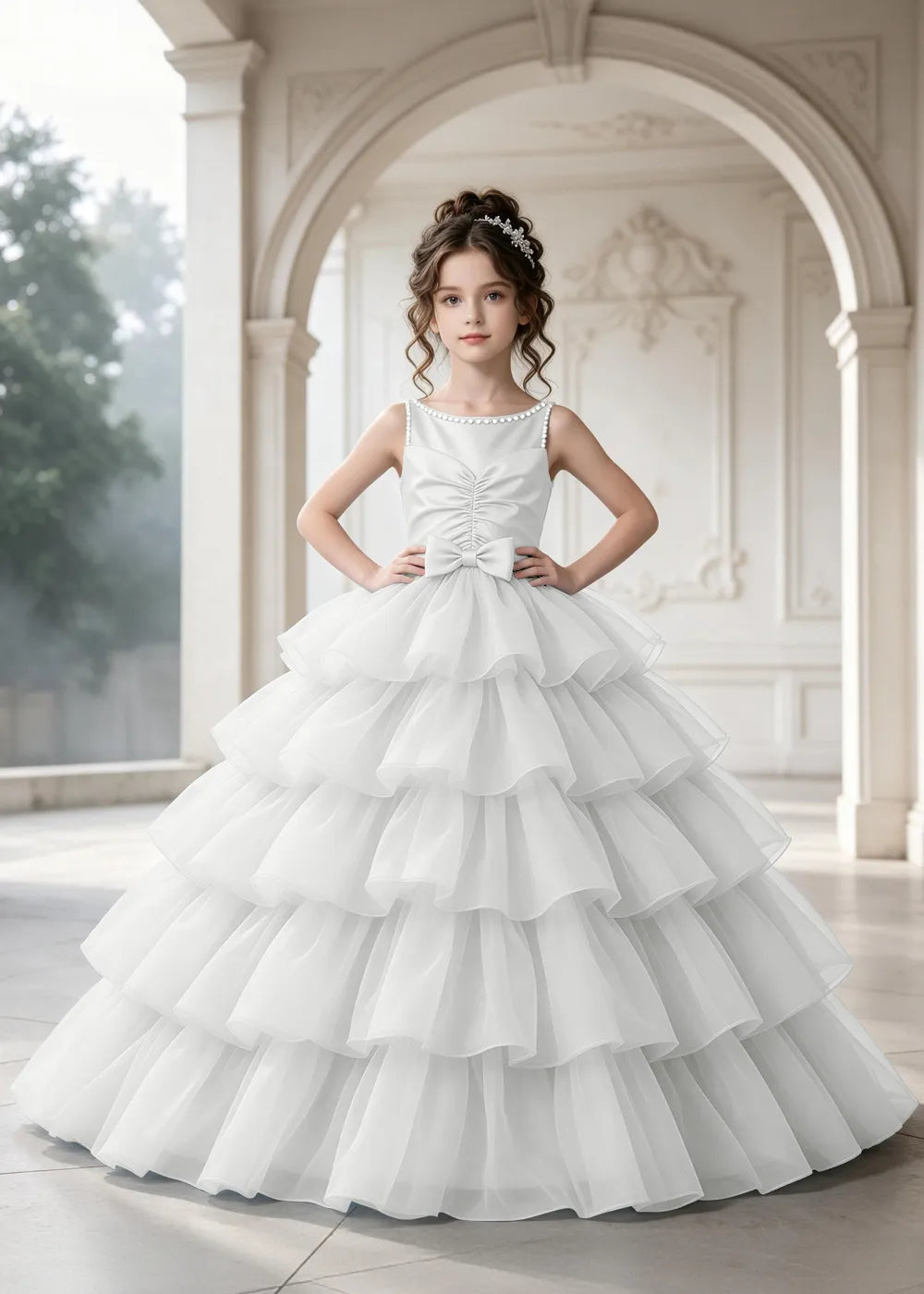Flower girl dress in White, front view.
