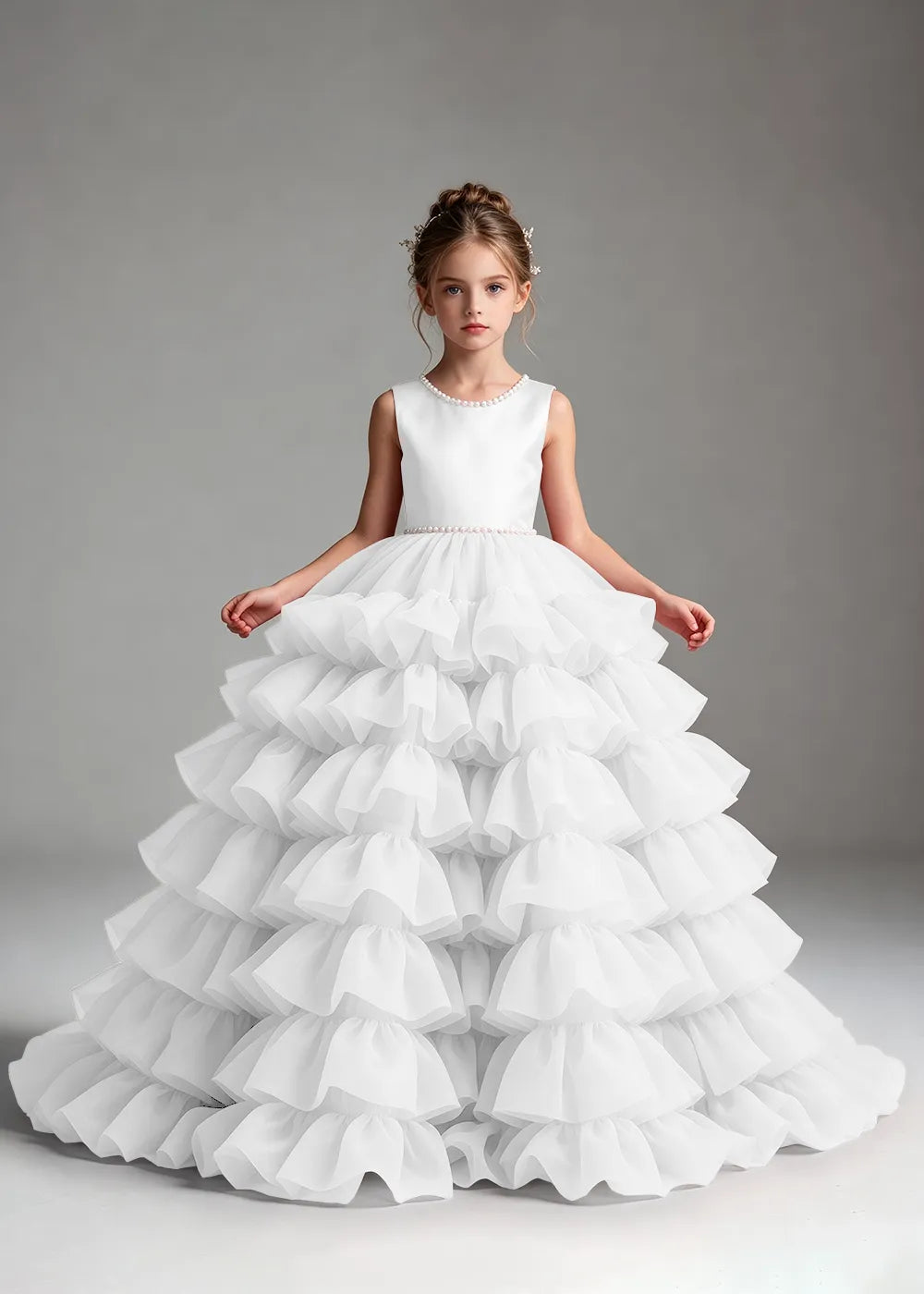Pink Pearl-Trimmed Tiered Ruffle Flower Girl Dress