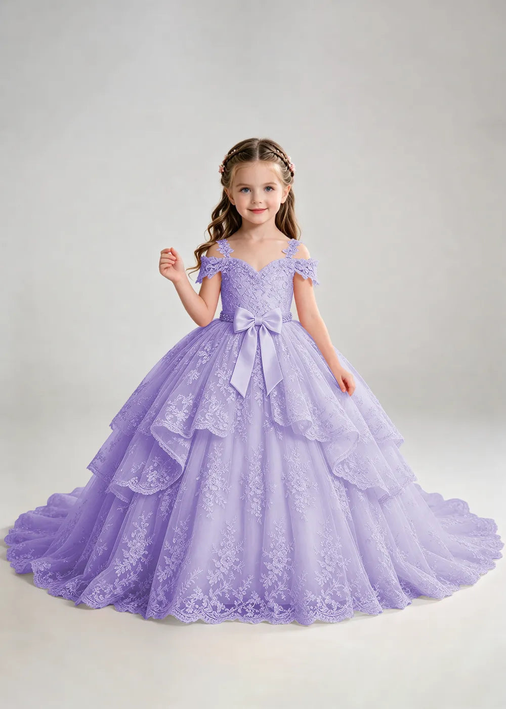Bow Waist Floral Lace Flower Girl Ball Gown Dress