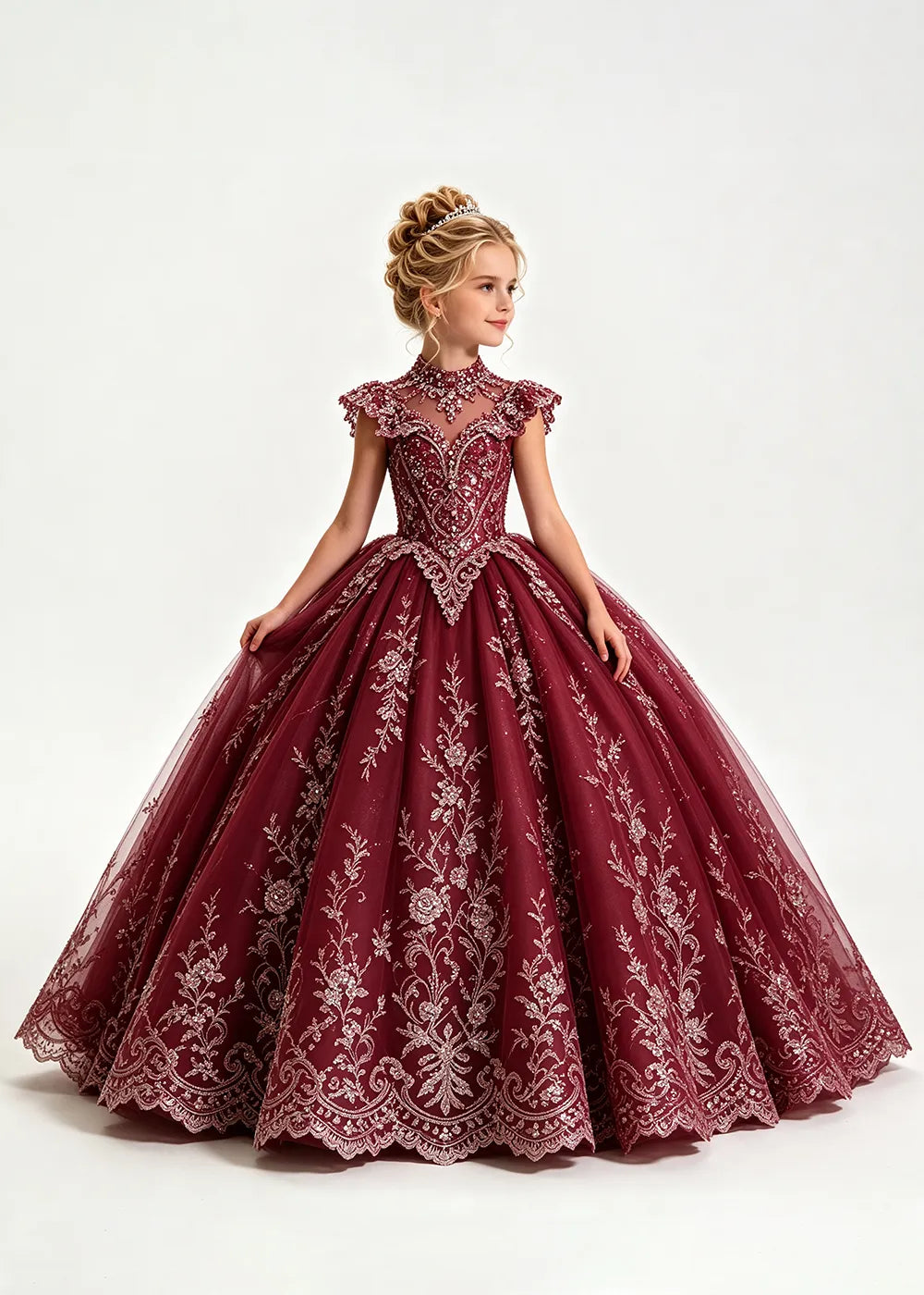 Navy Flower Girl Ball Gown with High Floral Collar