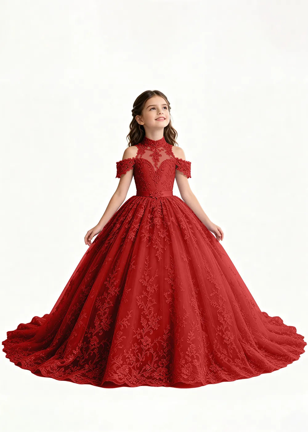 Navy Floral Flower Girl Gown with Open Shoulders
