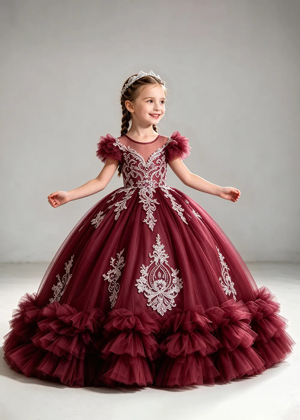 Navy Flower Girl Ball Gown with White Floral Appliqués