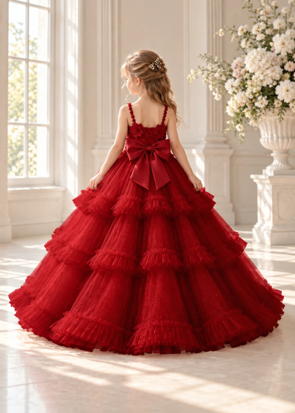 Rear view of a child wearing a wine red flower girl dress with beaded spaghetti straps, a bodice covered in three-dimensional fabric flowers and a multi-tiered tulle skirt.