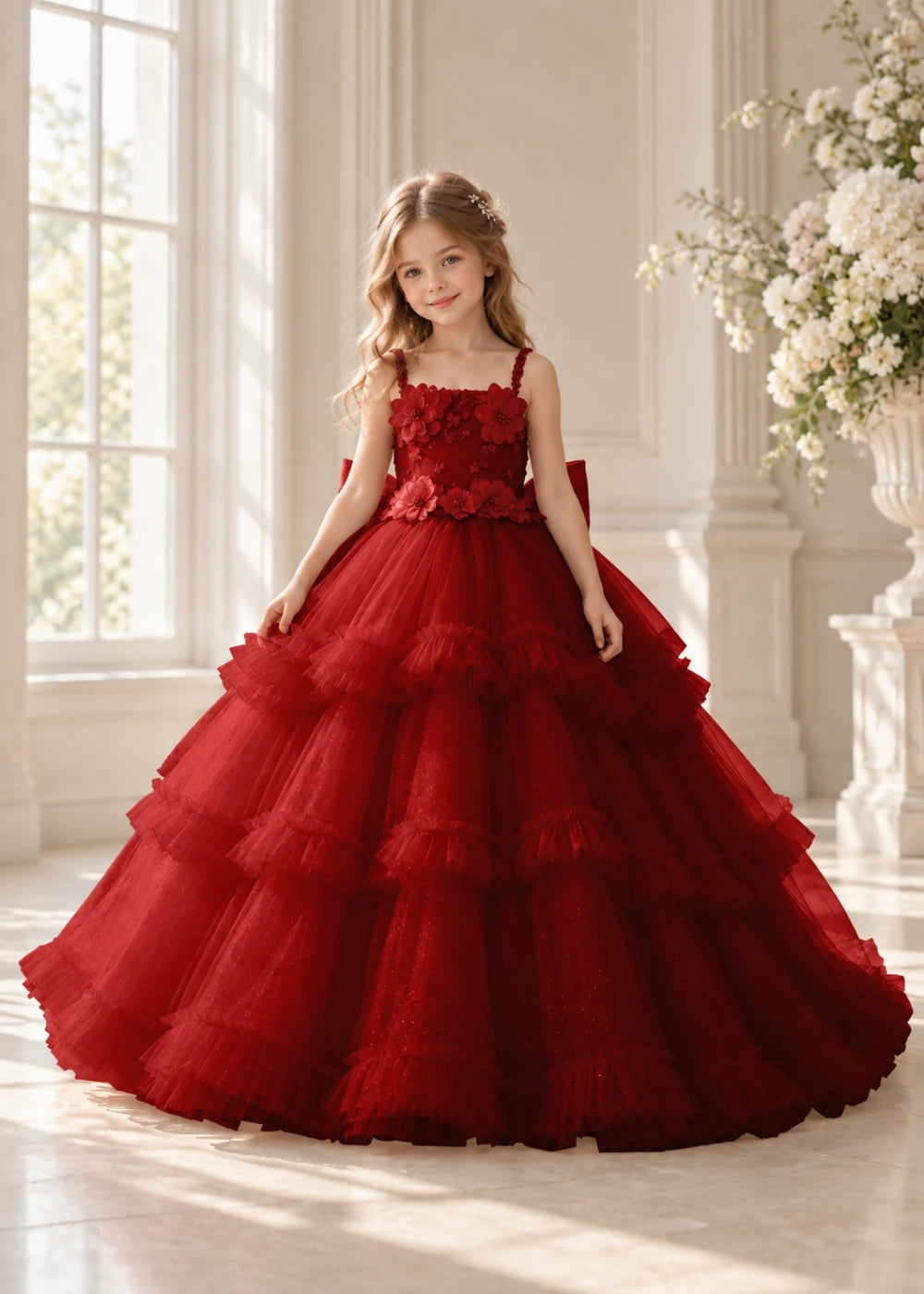 Front view of a child wearing a wine red flower girl dress with beaded spaghetti straps, a bodice covered in three-dimensional fabric flowers and a multi-tiered tulle skirt.