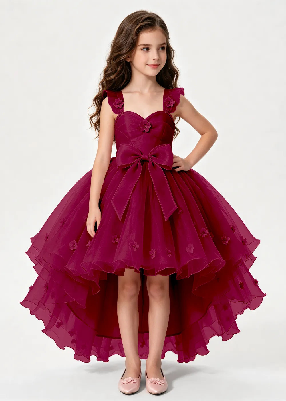 Navy High-Low Flower Girl Gown with Large Front Bow