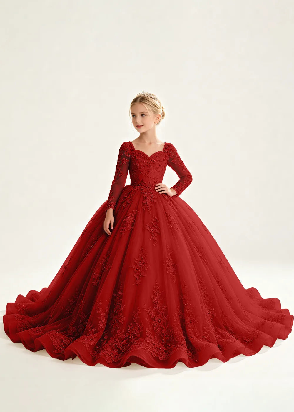 Navy Floral Flower Girl Gown with Long Sleeves