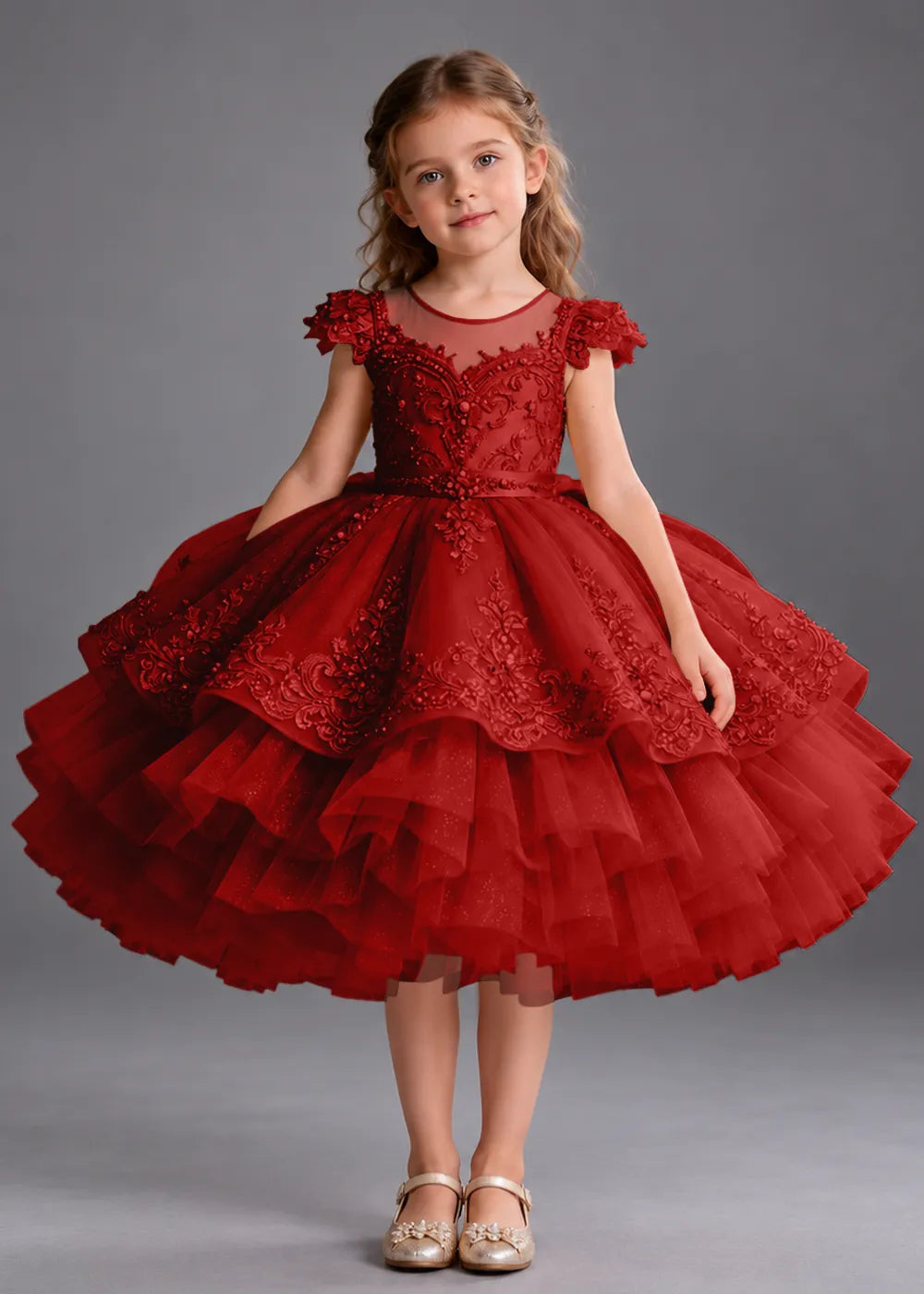 Navy Blue Flower Girl Dress with Beaded Lace and Short Ruffle Skirt