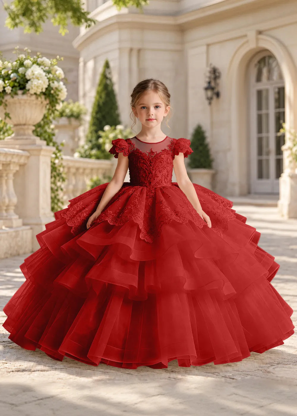 Dusty Blue Lace-Cap Flower Girl Dress with Cascading Skirt