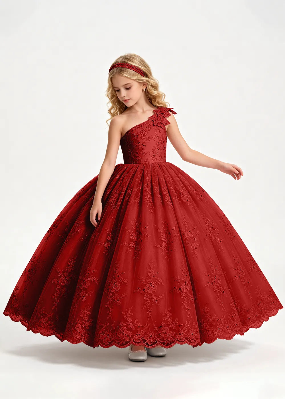 Navy One-Shoulder Flower Girl Gown with Scalloped Lace