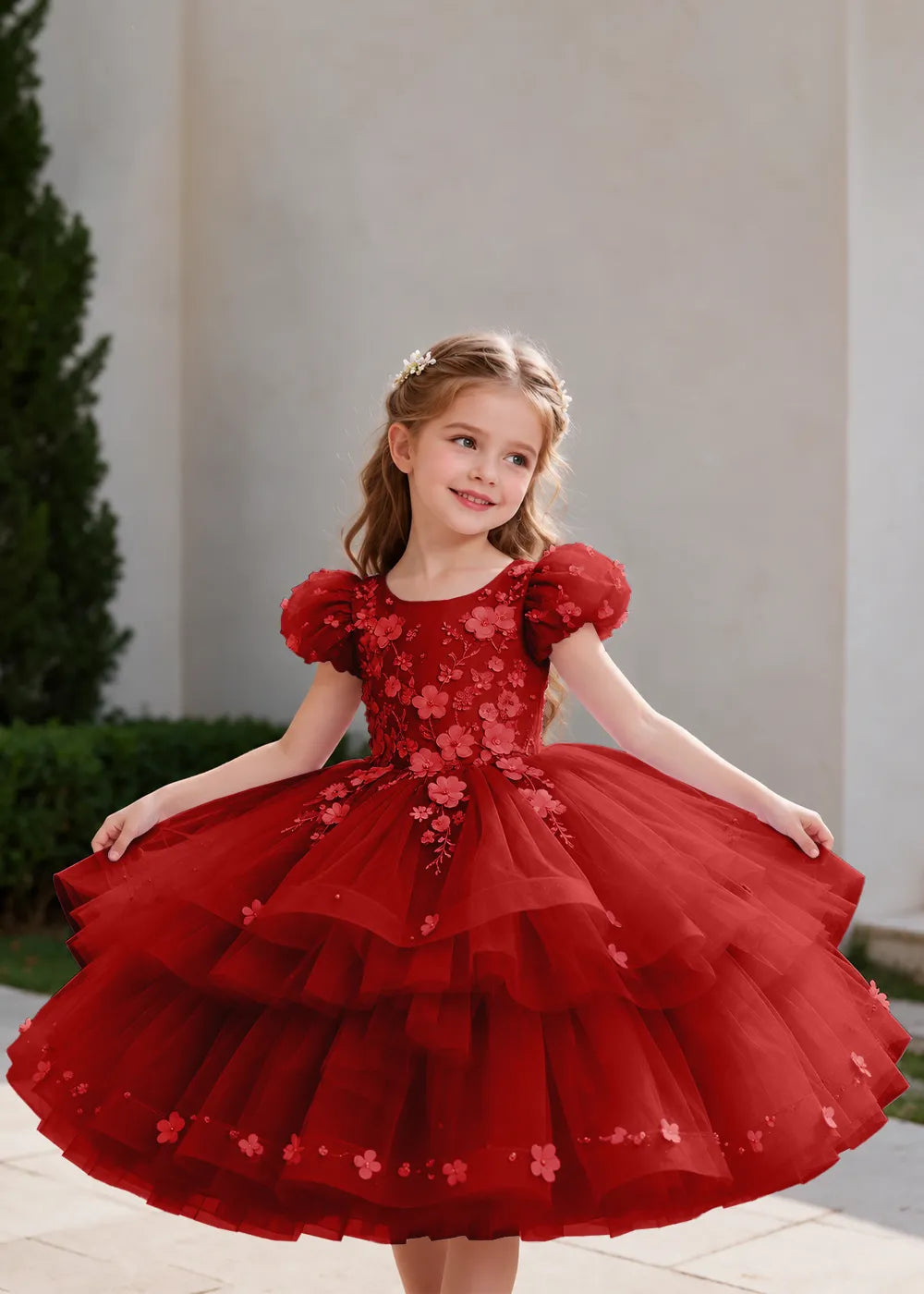 Pink Flower Girl Dress with Floral Trails and Ruffled Hem