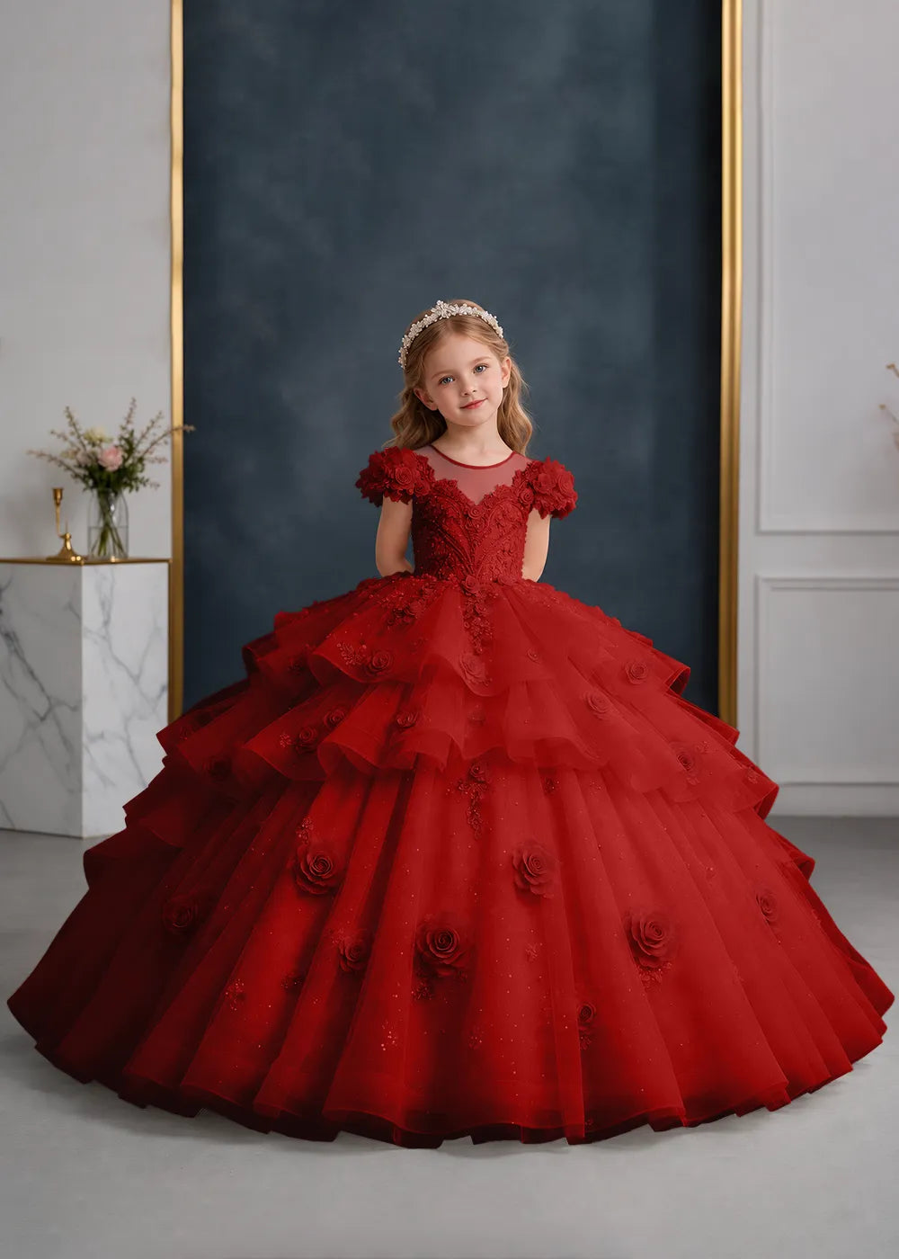 Navy Blue Flower Girl Gown with Floral Cap Sleeves and Rose Ruffles
