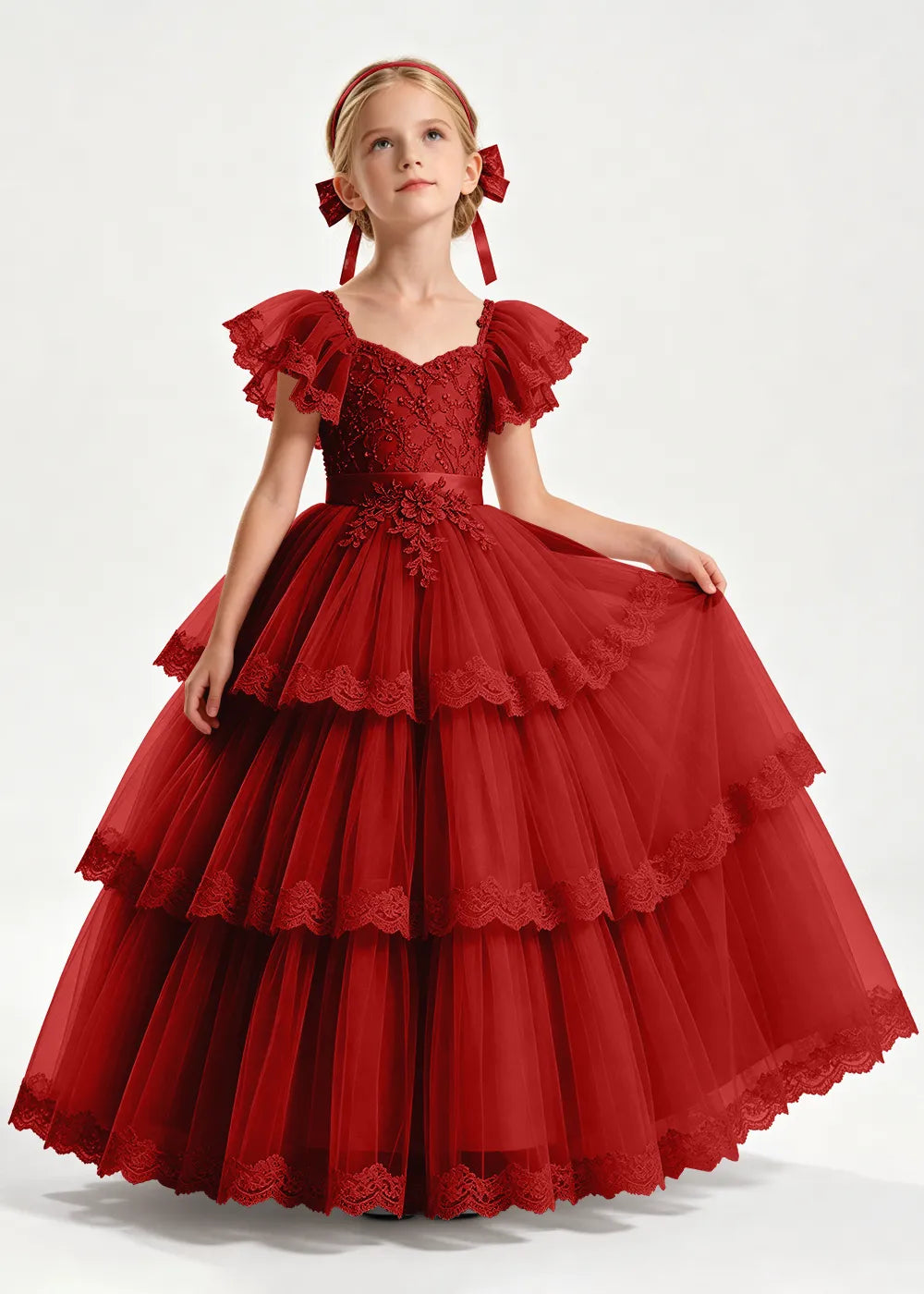 Navy Flower Girl Ball Gown with Three Lace-Edged Tiers