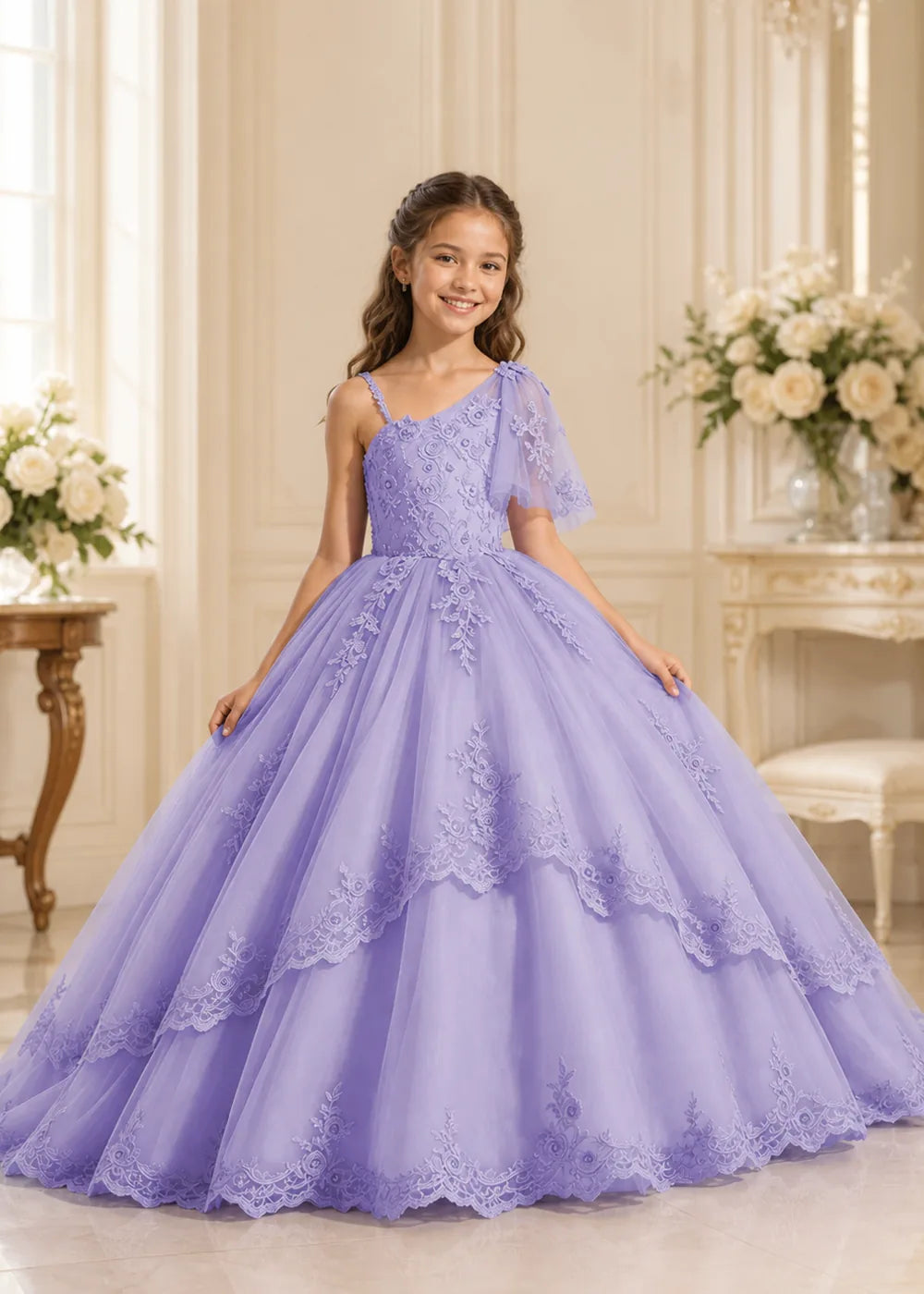 One-Shoulder Floral Lace Princess Dress for Girls