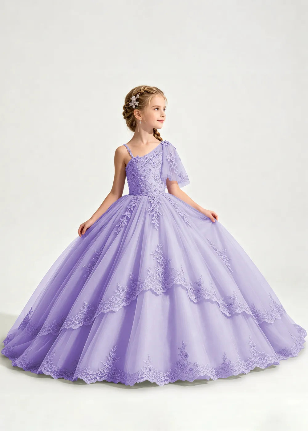 One-Shoulder Floral Lace Princess Dress for Girls