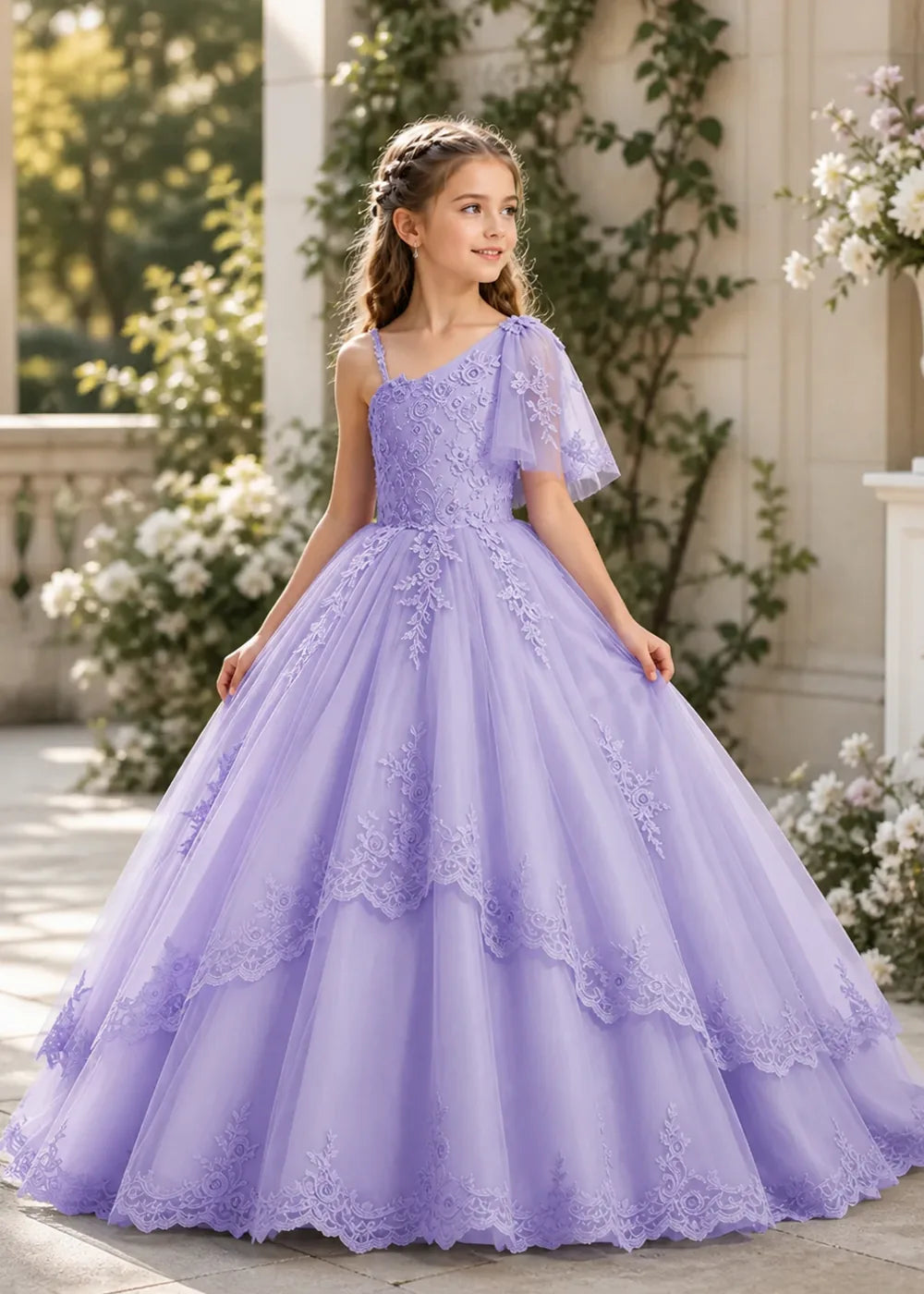 One-Shoulder Floral Lace Princess Dress for Girls