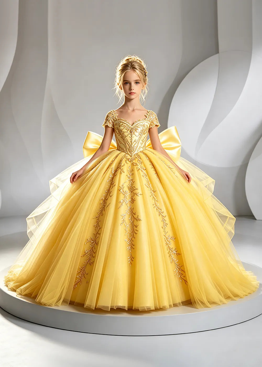 Cap Sleeve Sequin Bodice Flower Girl Dress with Bow and Gold Embroidery