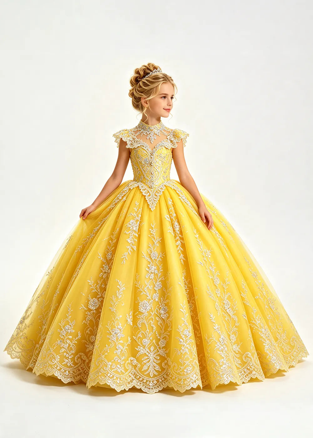 Navy Flower Girl Ball Gown with High Floral Collar