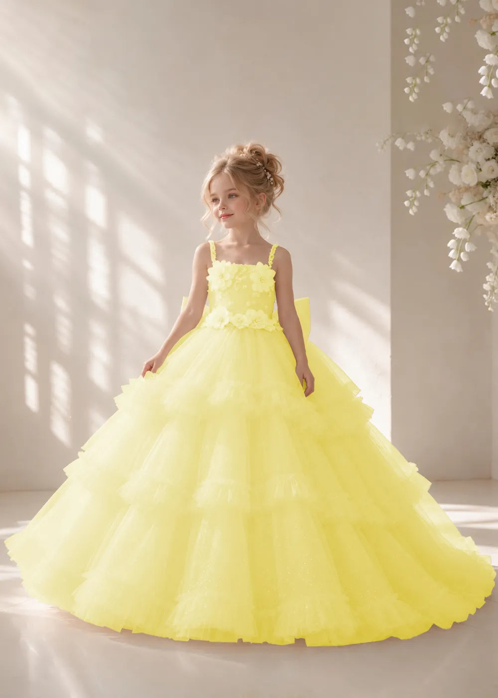 Front view of a child wearing a yellow flower girl dress with beaded spaghetti straps, a bodice covered in three-dimensional fabric flowers and a multi-tiered tulle skirt.