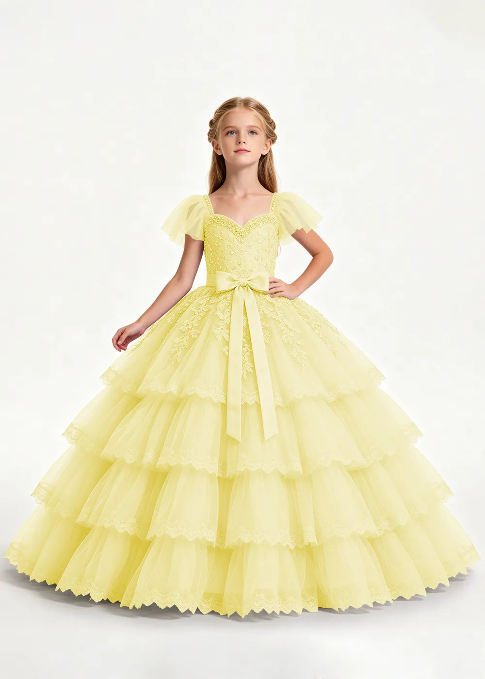 Pale Lavender Four-Tier Flower Girl Gown with Front Bow
