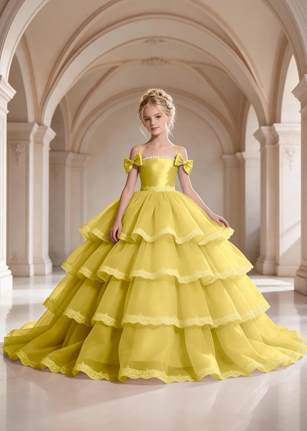 Light Blue Four-Tier Bow-Shoulder Flower Girl Dress