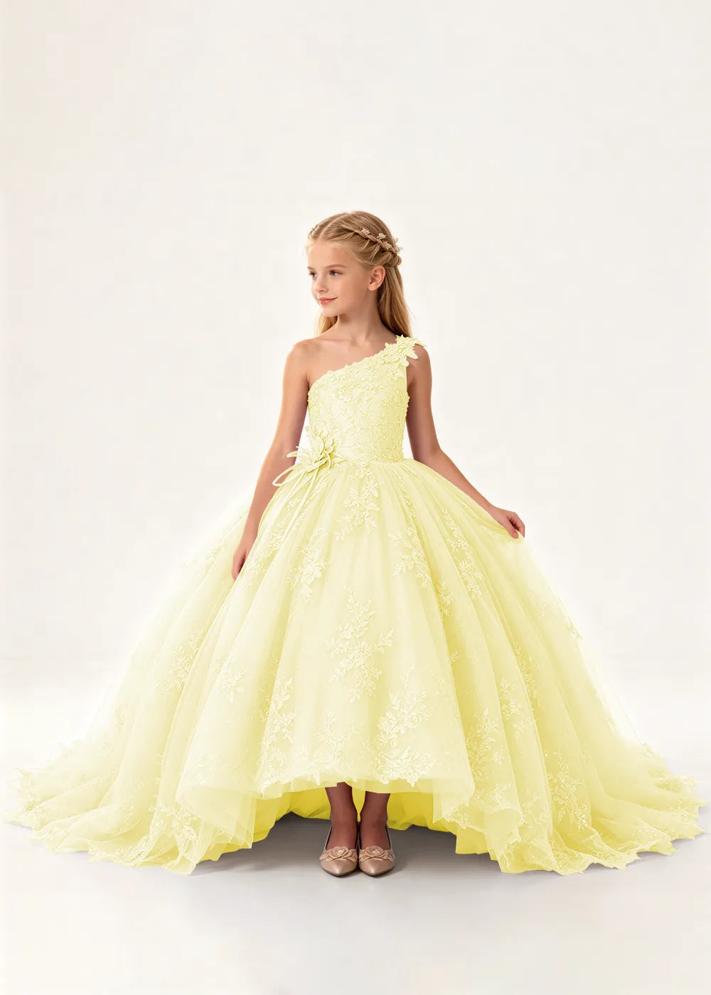 One-Shoulder High-Low Lace Flower Girl Ball Gown Dress