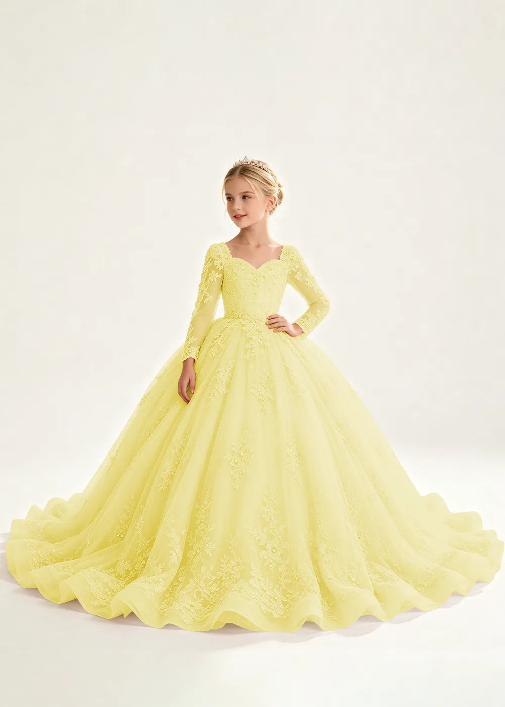 Flower Girl Dress with Long Lace Sleeves and Train