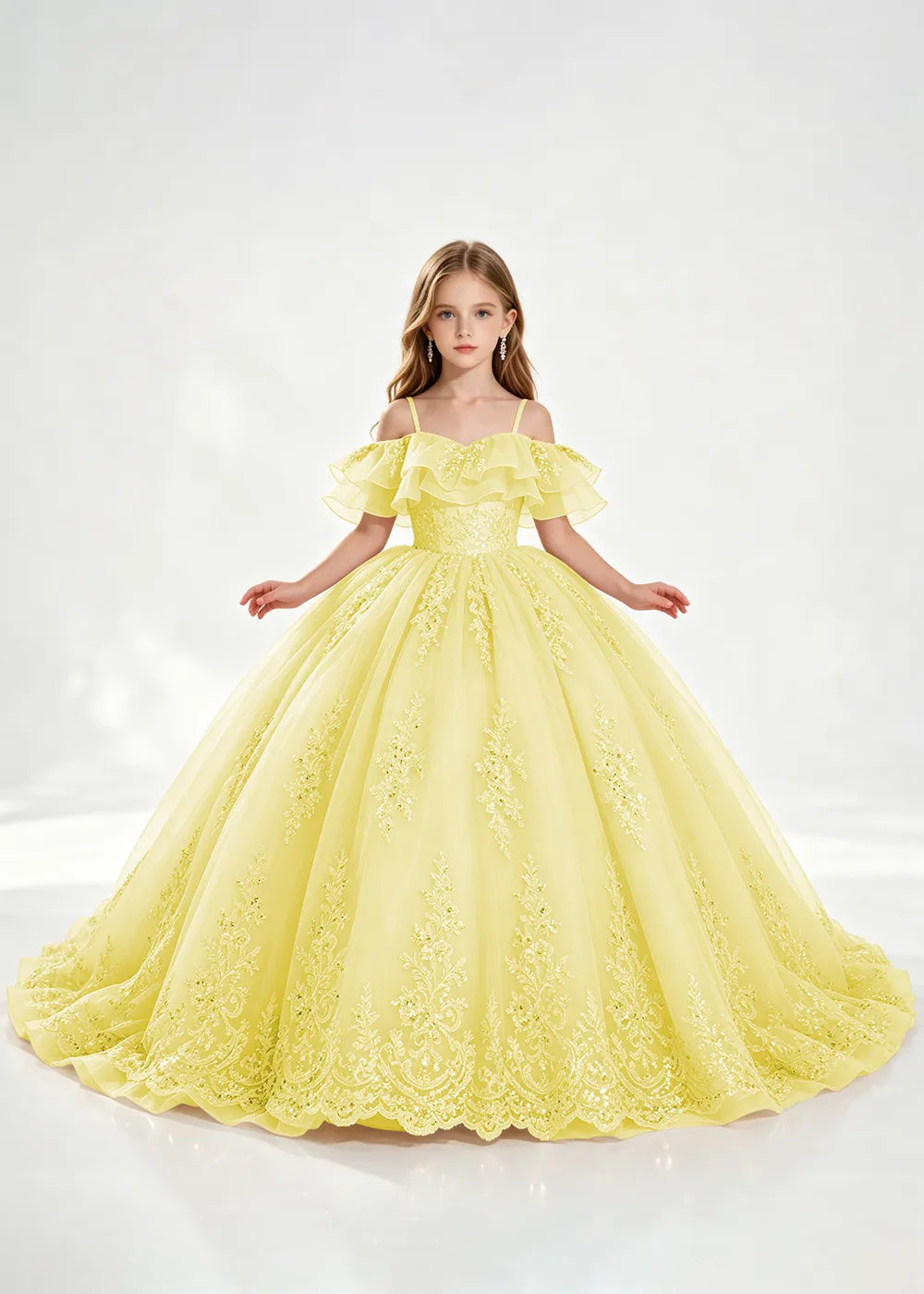 Champagne Off-Shoulder Lace-Hem Flower Girl Dress