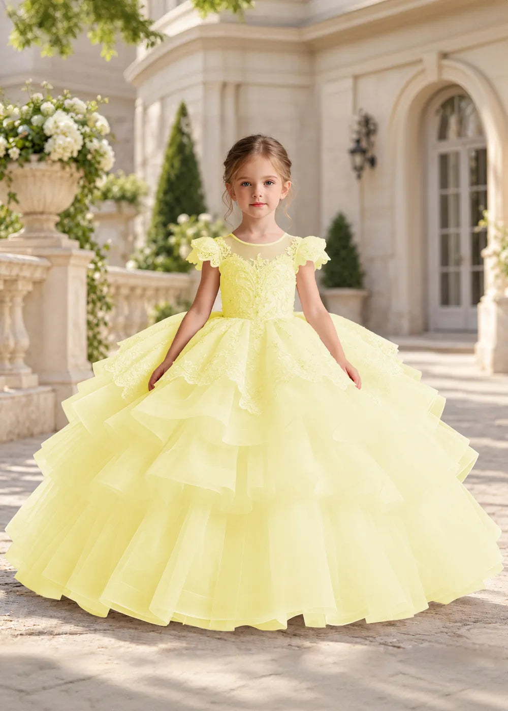 White Flower Girl Ball Gown with Scalloped Lace and Tiered Ruffles