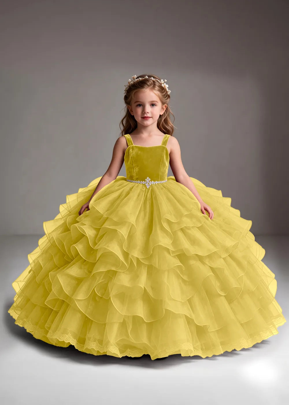 Burgundy Flower Girl Dress with Cascading Ruffles and Jeweled Waist