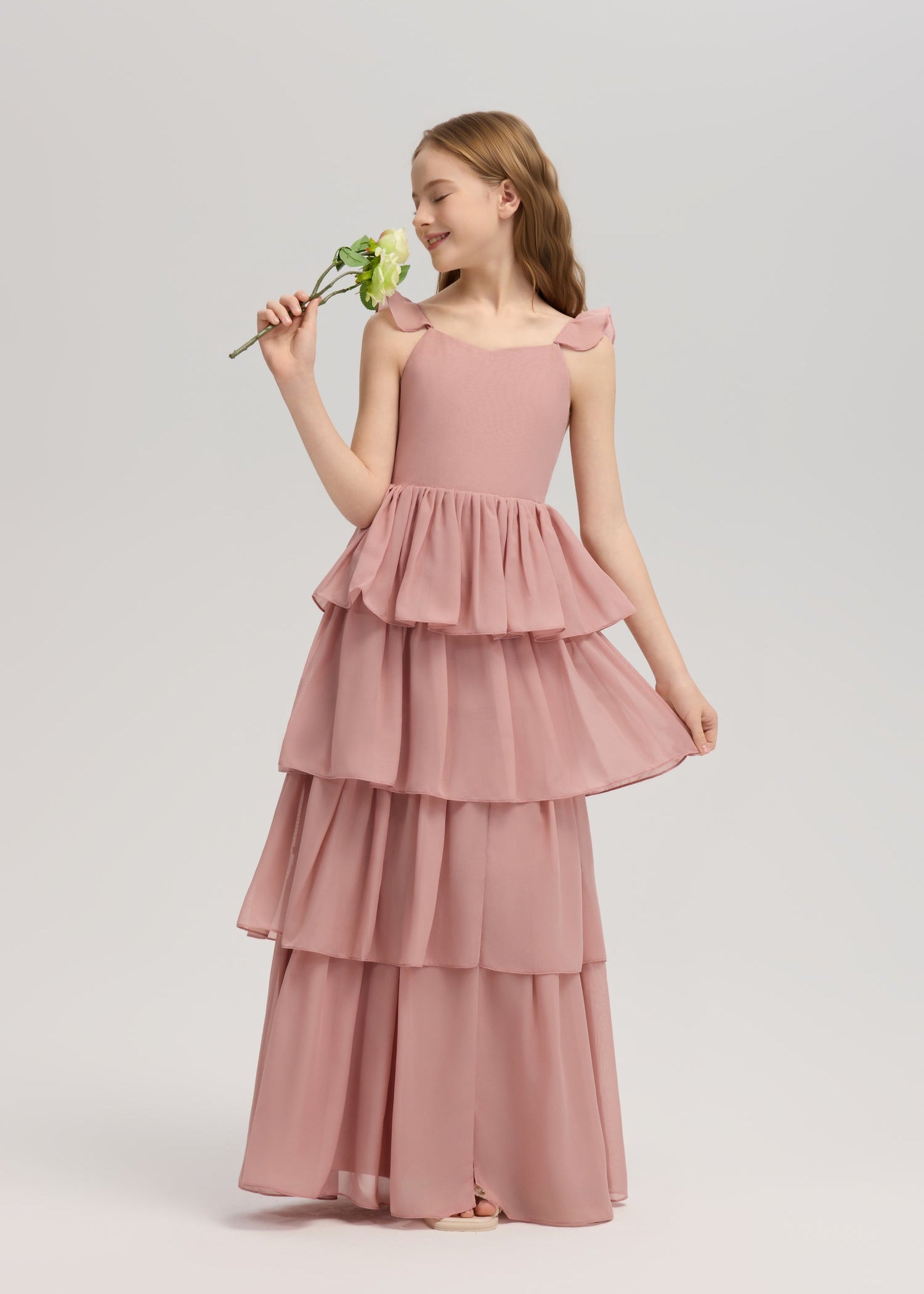 Dusty Rose Junior Bridesmaid Dresses Pink Tiered Girls Maxi Gown | Fynony Dusty Rose Junior Bridesmaid Dresses Pink Tiered Girls Maxi Gown | Fynony