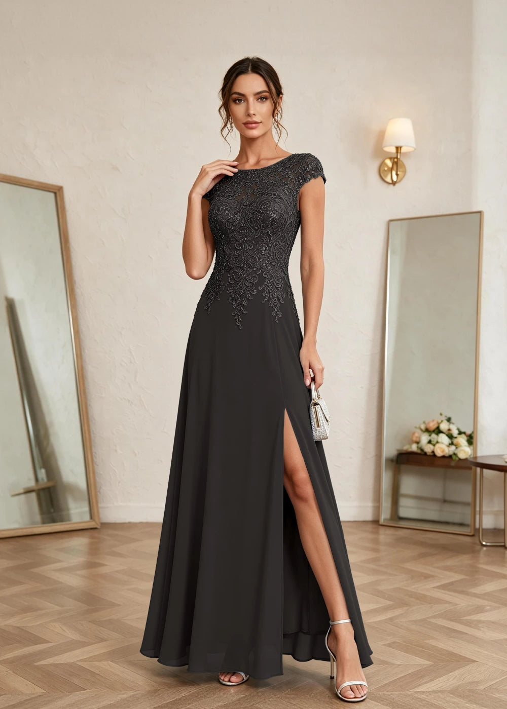 Dusty Blue Cap-Sleeve Lace Chiffon Dress with Slit