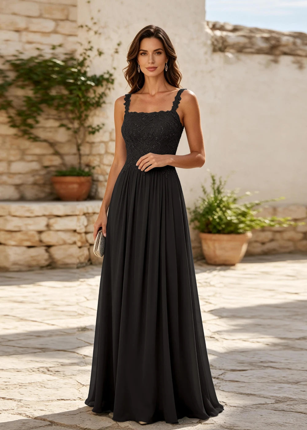 Dusty Blue Square-Neck Beaded Chiffon Evening Gown