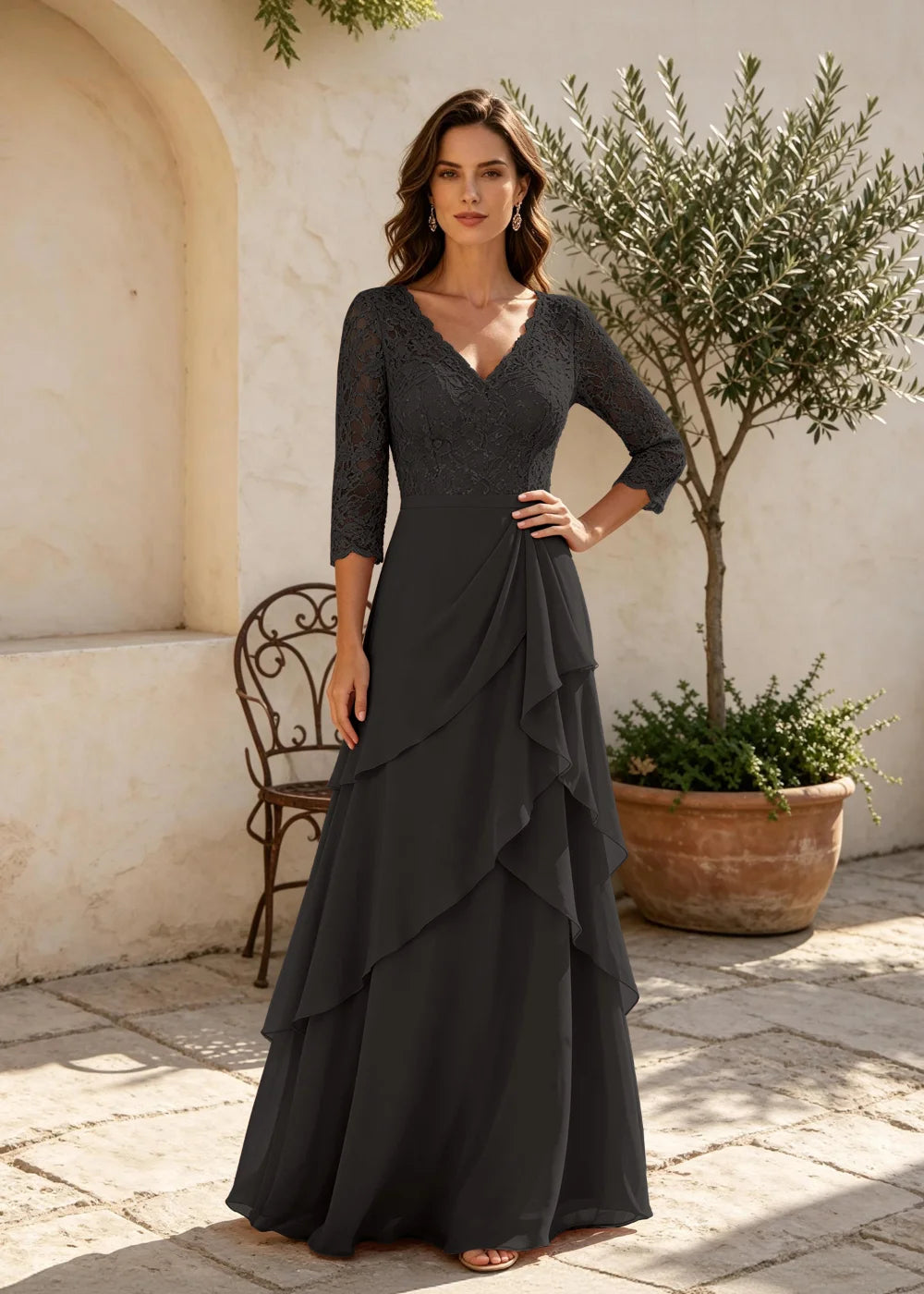 Dusty Rose V-Neck Ruffle Chiffon Maxi Dress