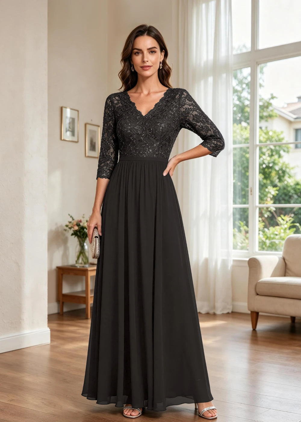 Navy Blue V-Neck Lace-Sleeve Chiffon Maxi Dress