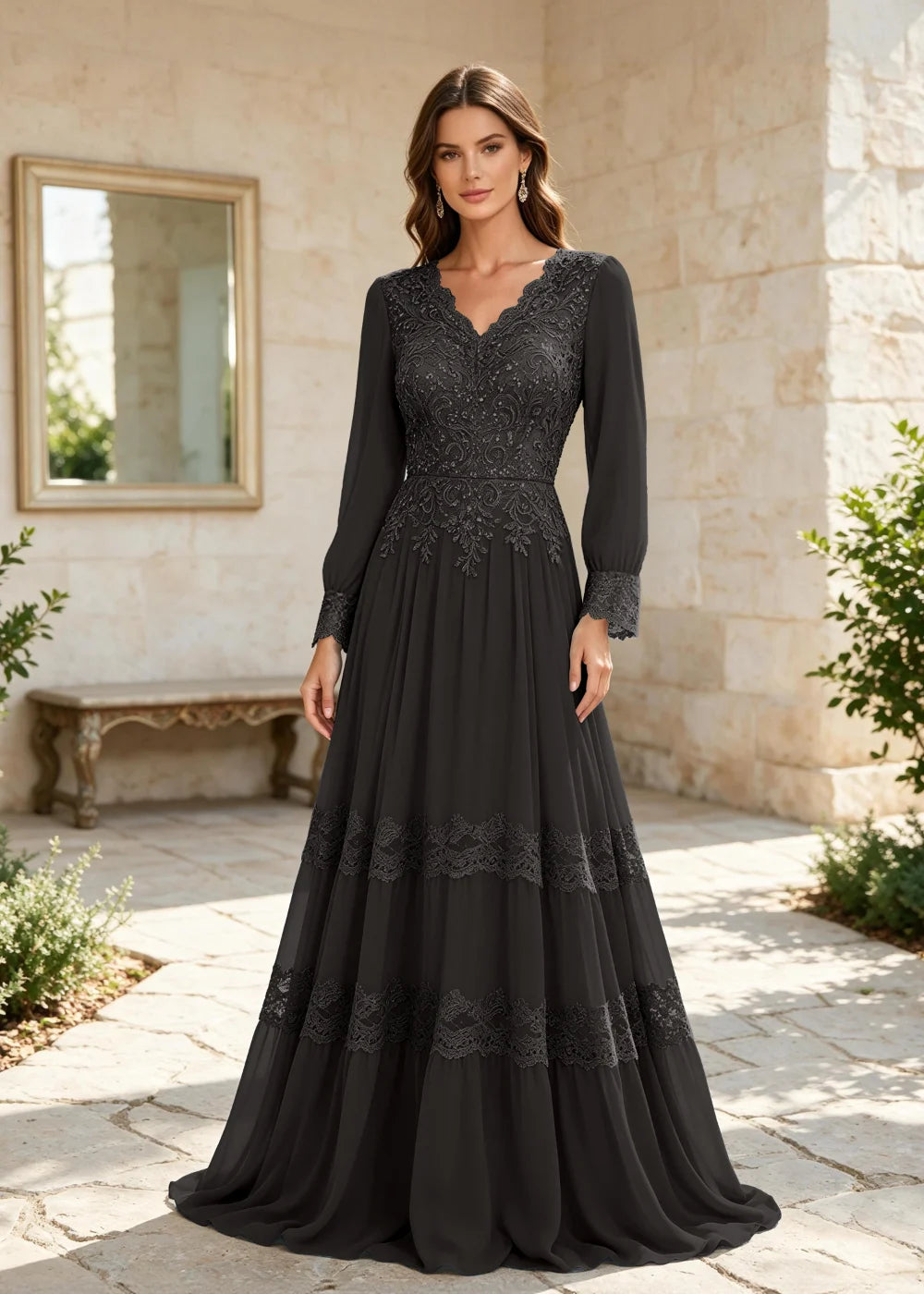 Dusty Blue Long-Sleeve Lace-Tiered Chiffon Gown