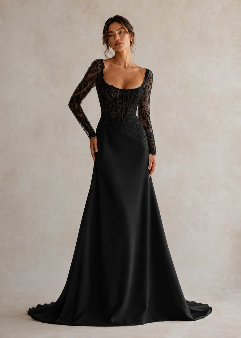 Front view of the black square-neck fitted gown with long floral-lace sleeves and a softly flared train