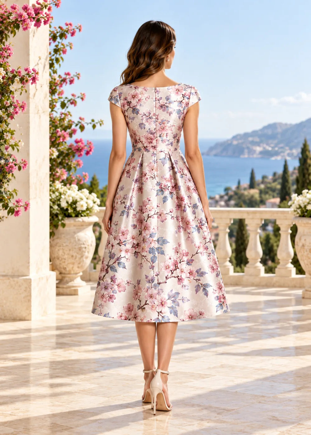 Back view of the blush pink floral A-line midi dress with cap sleeves