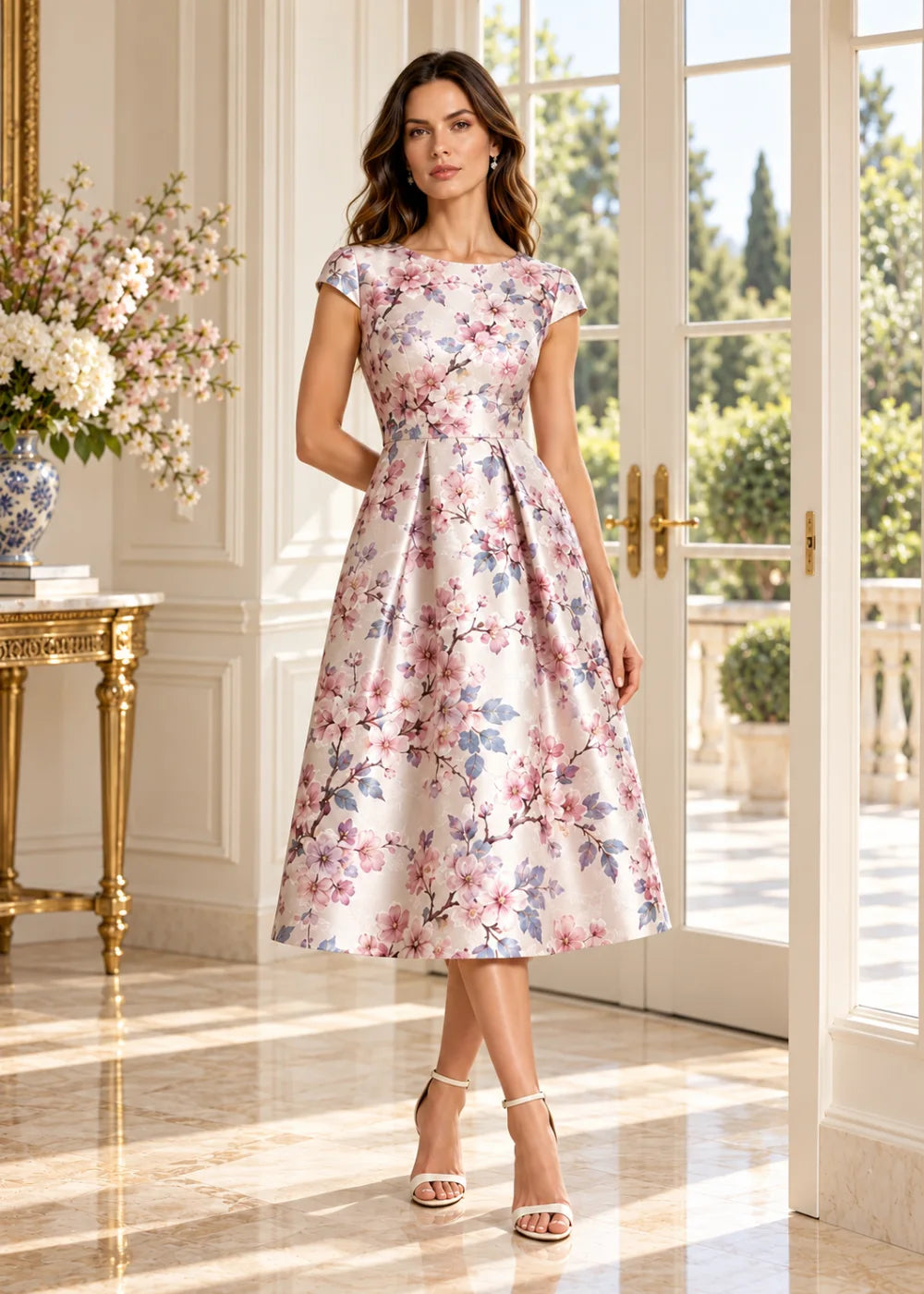 Detail view of the blush pink floral A-line midi dress with cap sleeves