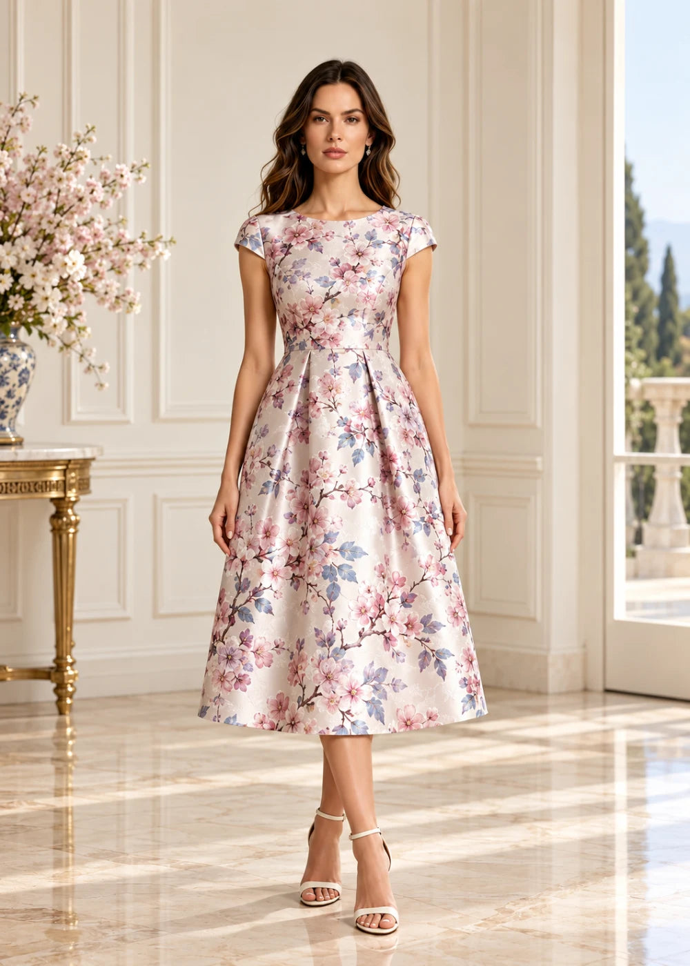 Front view of the blush pink floral A-line midi dress with cap sleeves