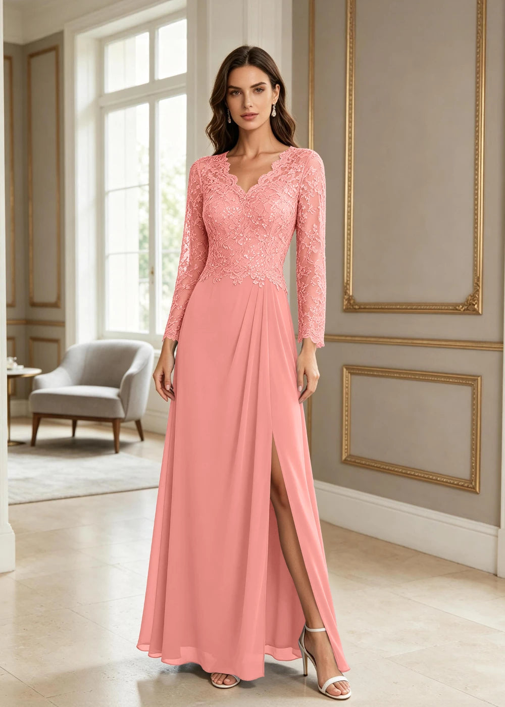 Dusty Blue V-Neck Long-Sleeve Lace Chiffon Dress