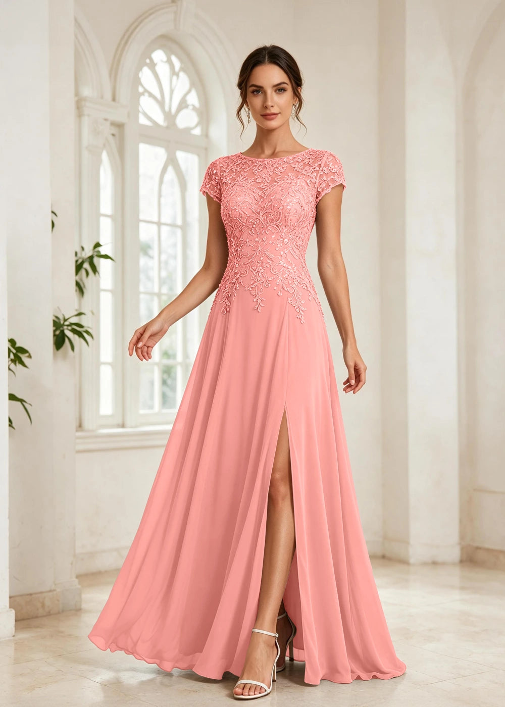 Slate Blue Beaded Cap-Sleeve Chiffon Formal Dress