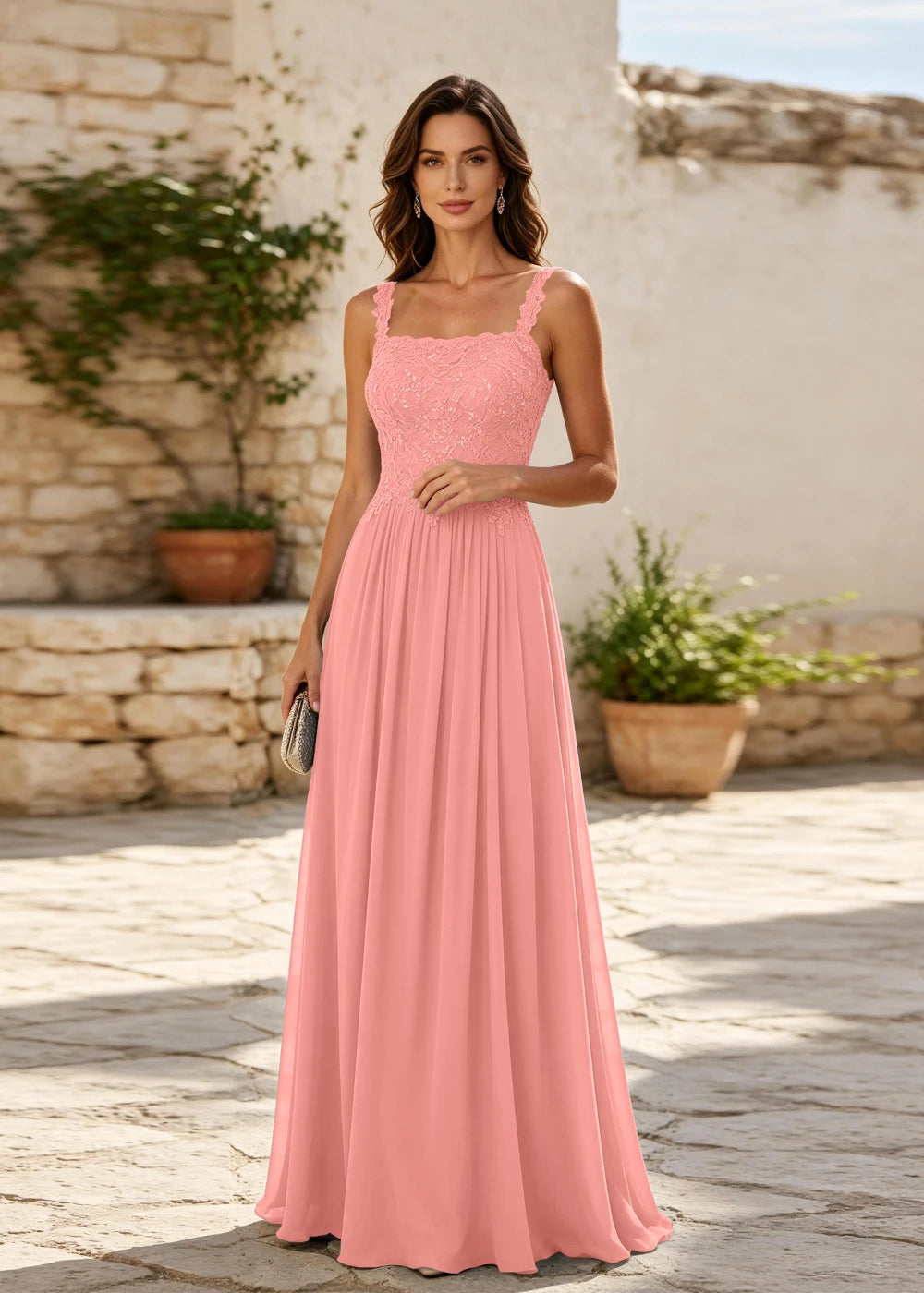 Dusty Blue Square-Neck Beaded Chiffon Evening Gown