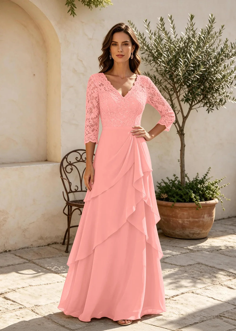Dusty Rose V-Neck Ruffle Chiffon Maxi Dress